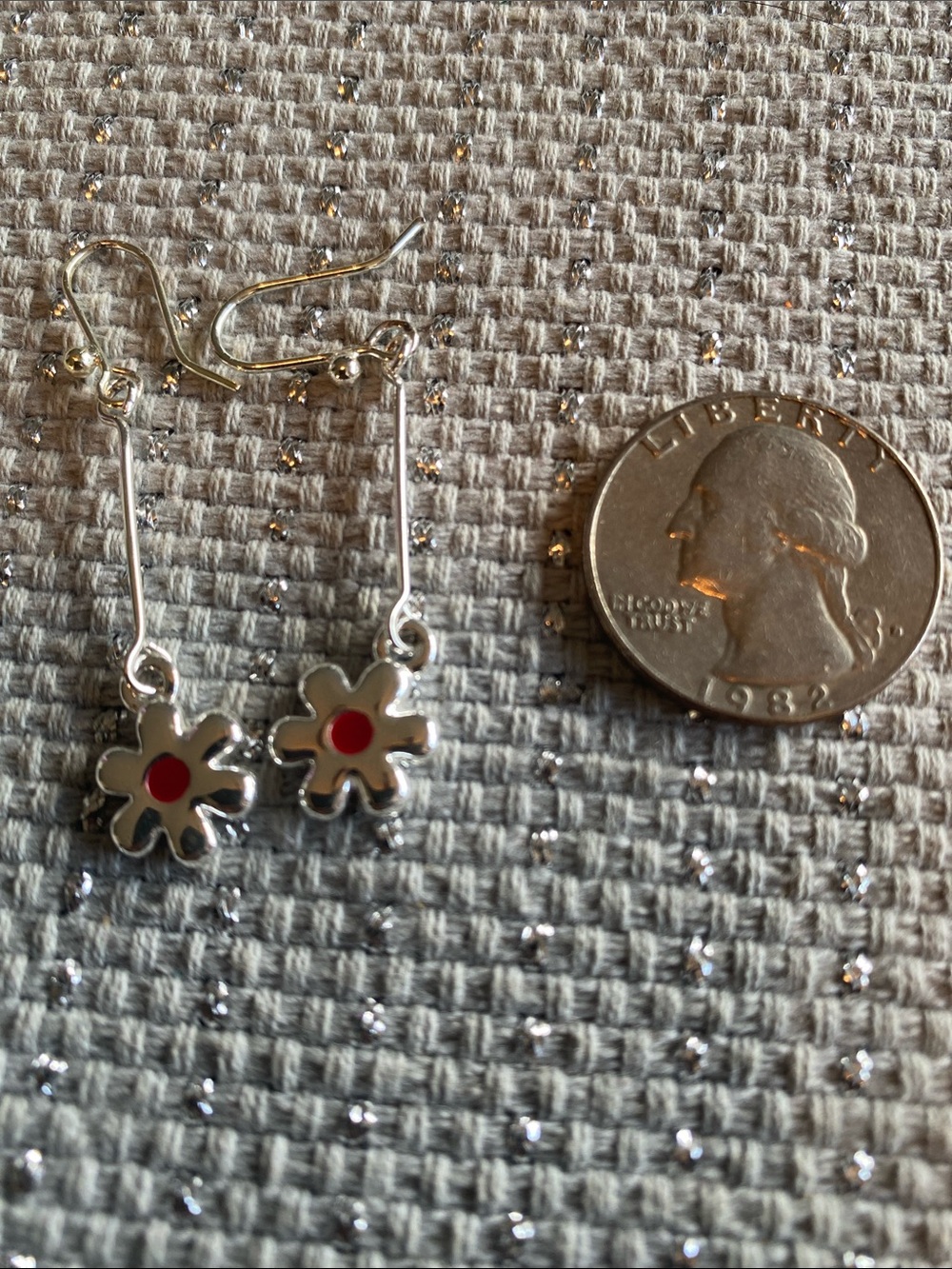 Dainty Silver Flower Drop Earrings with Red Center